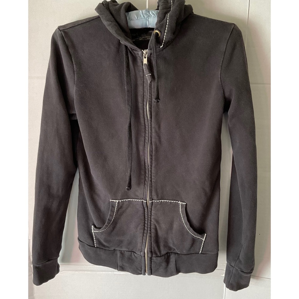 True Religion Womens Black Zip Up Hoodie Rhinestone Logo Contrast vintage Y2K xs